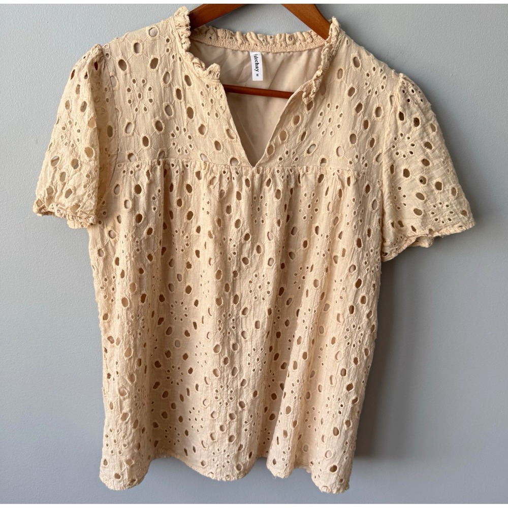 Falechay Women's Eyelet Embroidered Ruffle V-Neck Blouse Beige Boho Size M